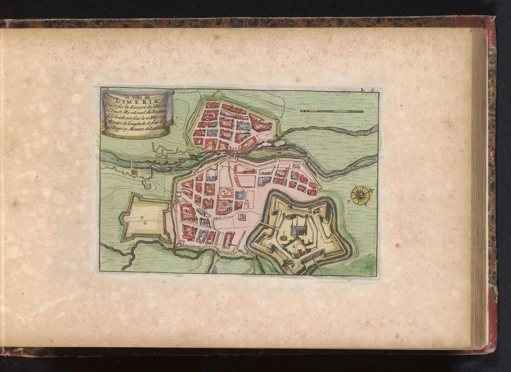 An engraved map of Limerick from 1735, showing the walled city on the River Shannon